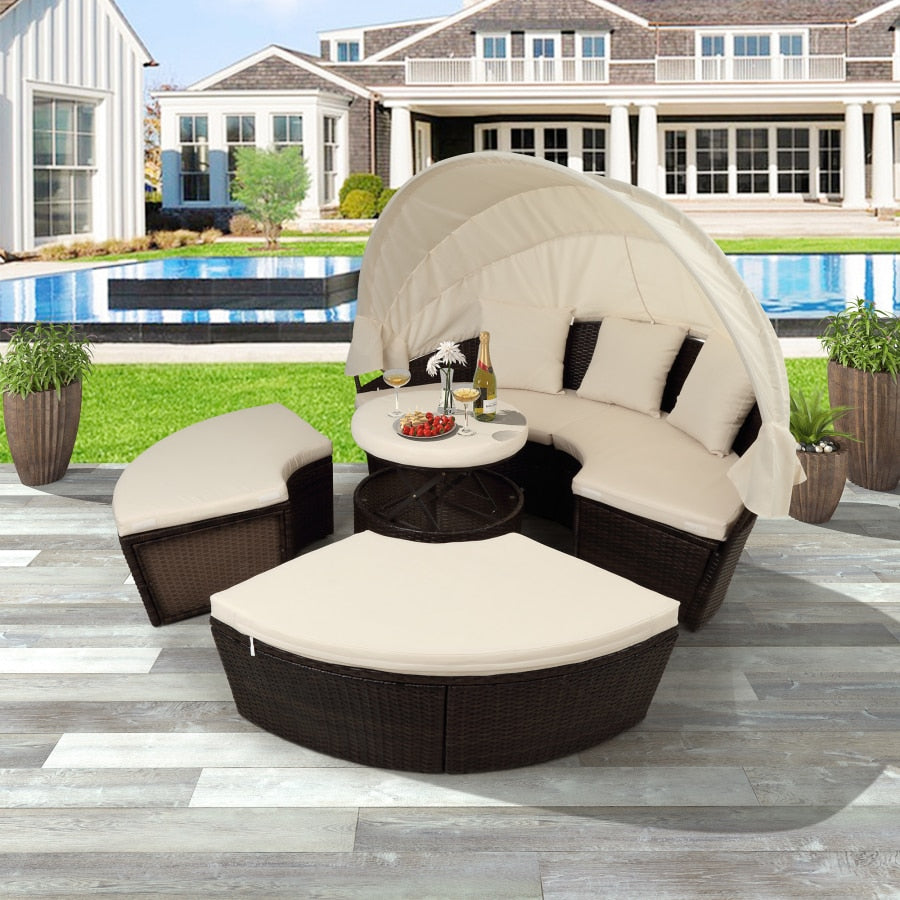 Outdoor garden furniture rattan sofa bed and retractable canopy, round outdoor sofa set, wicker furniture clamshell seat beige.