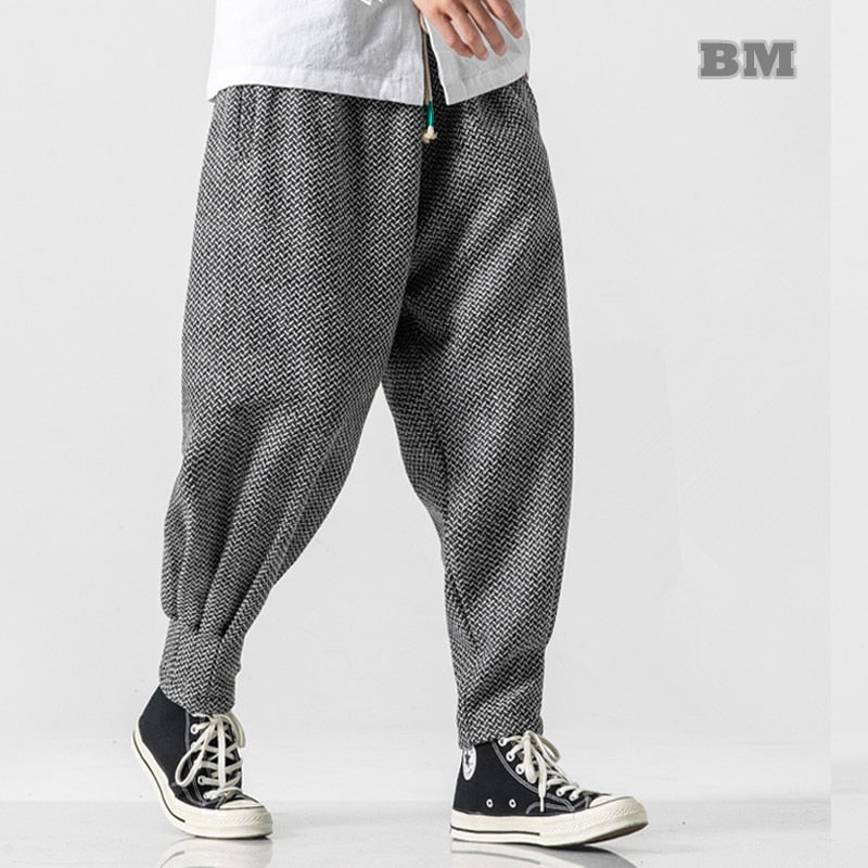 Baggy Pants Men Winter Thicken Wool Harem Pants Male Chinese Style Warm Oversize Trousers Male 2020 Japan Casual Plaid Pants