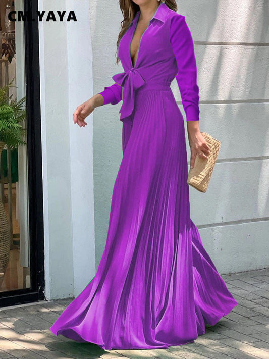 CM.YAYA Women Long Sleeve Butterfly High Waist Lapel Collar Pleated Floor Length Skirt Loose Jumpsuit Fashion Chic Playsuit