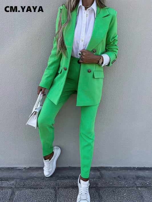 CM.YAYA Elegant Women Pants Suit and Long Sleeve Blazer Matching Set Office Lady Streetwear Chic Two 2 Piece Set 2022 Outfits