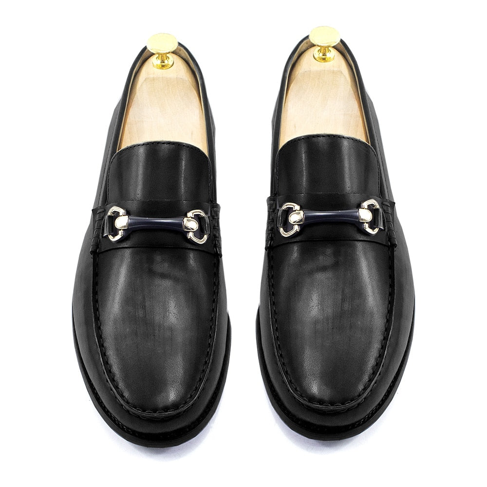 Classic Men&#39;s Loafers Genuine Leather Handmade Metal Chain Casual Business Dress Shoes Fashion Party Wedding Footwear for Men