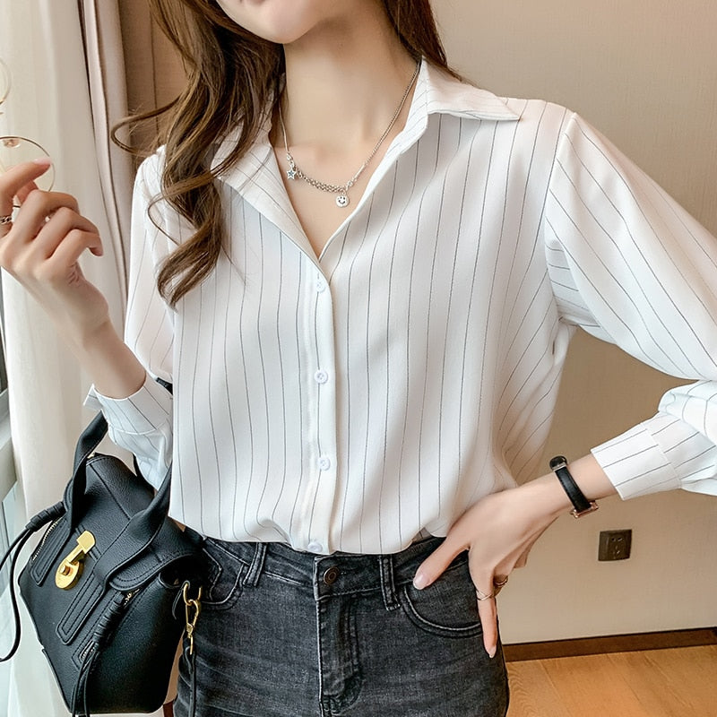 Fashion Woman Blouses 2022 Chiffon Long Sleeve Shirt Tops Woman White Blouse Shirts Striped Top Pretty and Cheap Women&#39;s Blouses