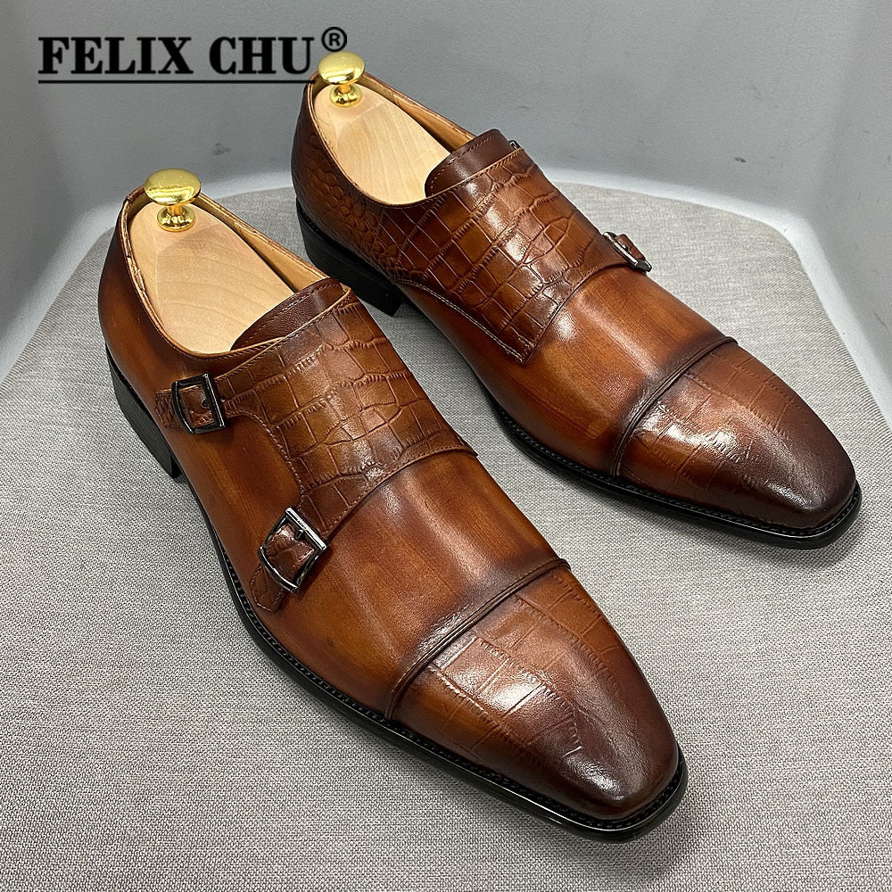 Classic Mens Dress Shoes Real Calf Leather Buckle Monk Strap Crocodile Print Cap Toe Brown Oxford Wedding Formal Shoes for Men