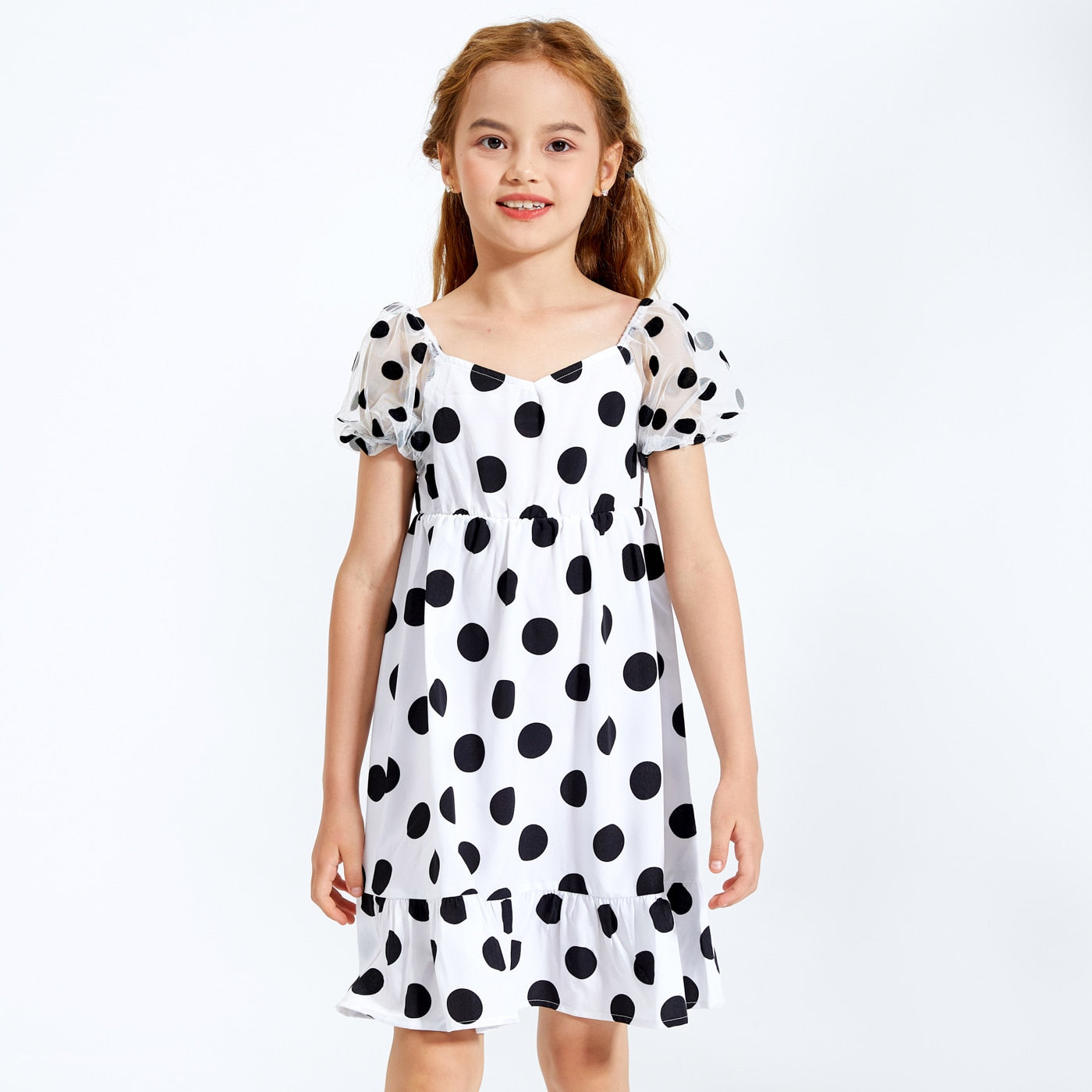 PatPat Black &amp; white Polka Dot Cross Slant V-neck Mesh Puff Sleeves Ruffle Skirt Matching Midi Dresses for Mother and Daughter