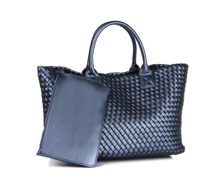 Oversized Women Tote High Quality PU Leather Knitting Shoulder Shopper Bags Luxury Woven Retro Female Large Purse Black 2021 New