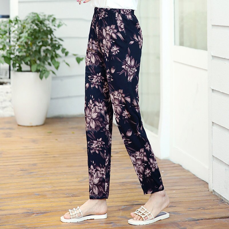 2023 Summer Casual Pencil Pants Women Bottoms Vintage High Waist Pants with Print Elastic Waist Middle Aged Women Trousers