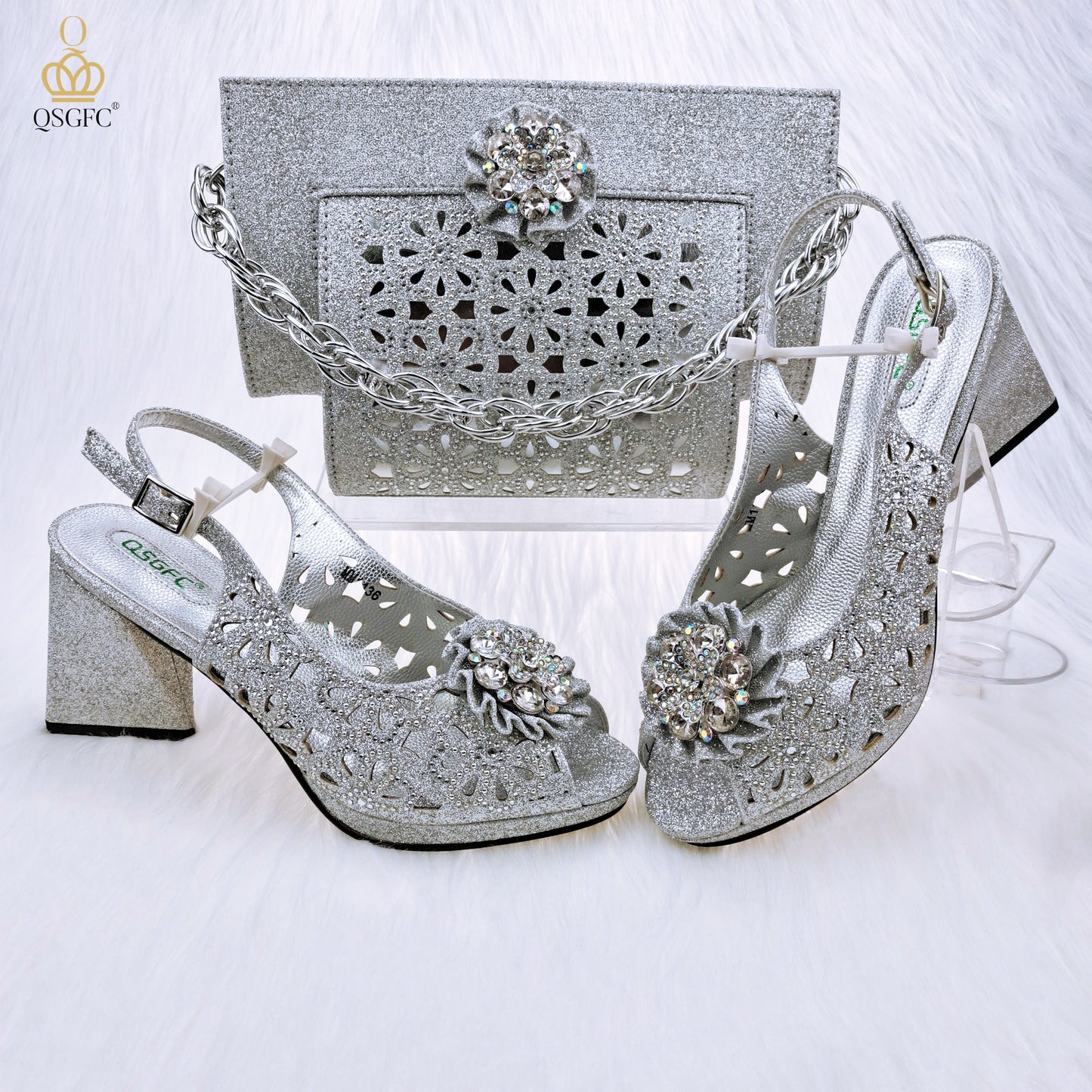 QSGFC Newest Gold Color Cutout Pumps High Heels Decorated with Rhinestone Flower Design Party Women&#39;s Shoes and Bags Set