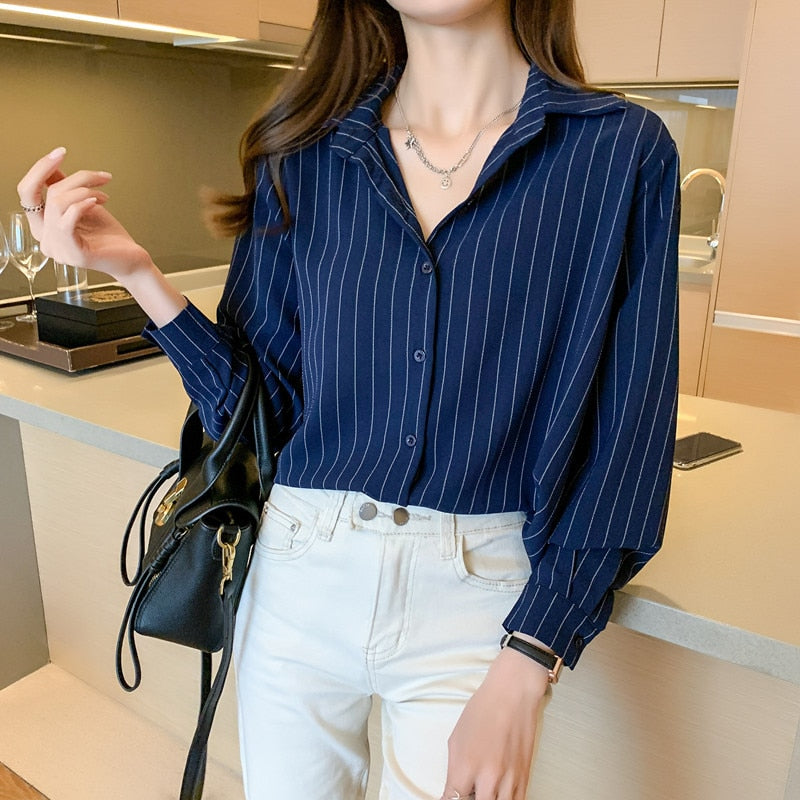 Fashion Woman Blouses 2022 Chiffon Long Sleeve Shirt Tops Woman White Blouse Shirts Striped Top Pretty and Cheap Women&#39;s Blouses