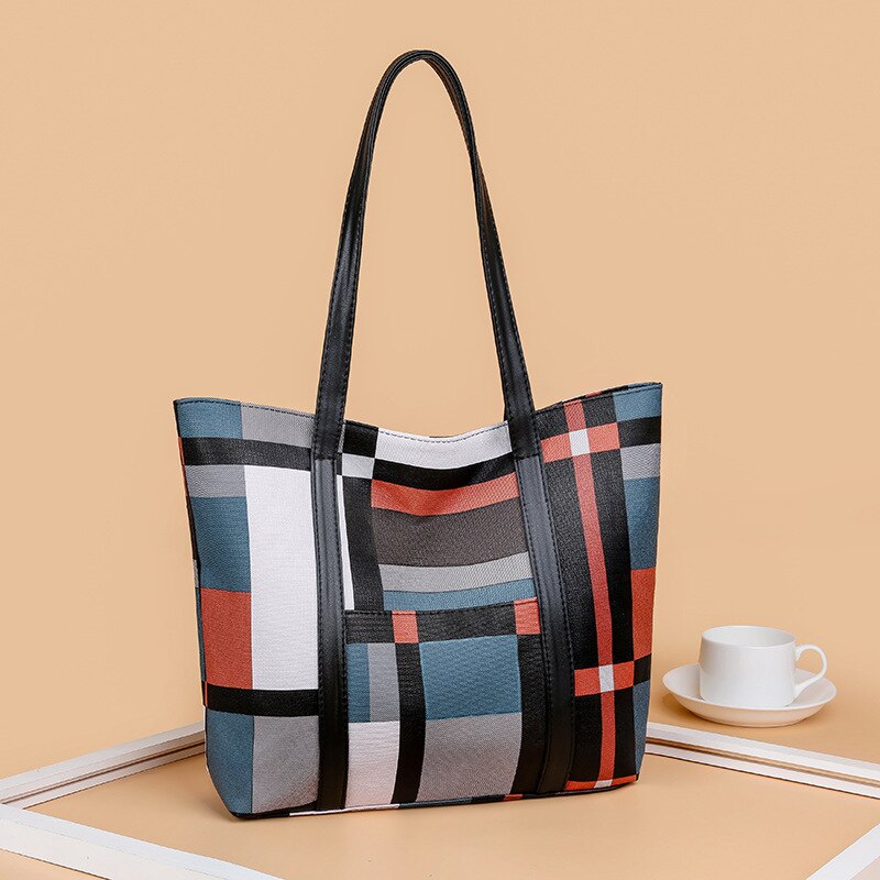 TRAVEASY 2023 Fashion Patchwork PU Leather Plaid Women Tote Bags Casual Square Zipper Large Capacity Hand Bags for Female