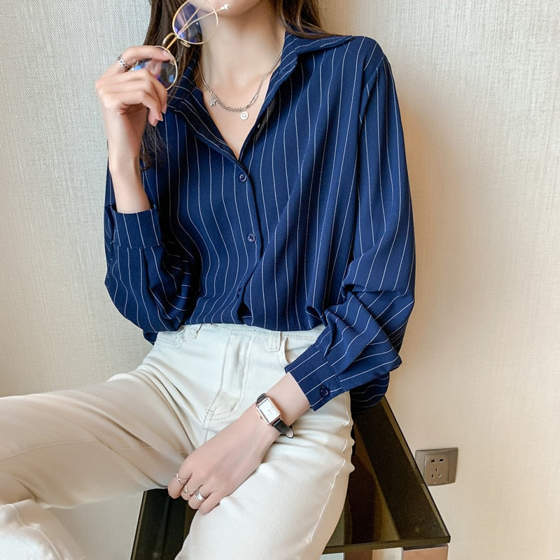 Fashion Woman Blouses 2022 Chiffon Long Sleeve Shirt Tops Woman White Blouse Shirts Striped Top Pretty and Cheap Women&#39;s Blouses