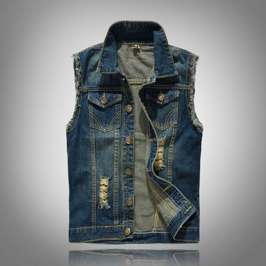 2022 Men&#39;s Denim Vest Retro Washed Slim Sleeveless Cowboy Motorcycle Jacket Street Hip Hop Fashion Casual Jean ClothesSummer