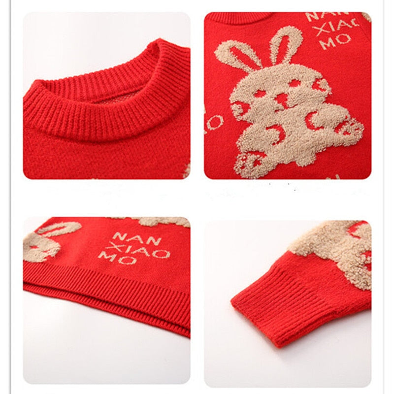 2023 Christmas New Year 110-170cm Family Matching Clothes Outfits Teenages Girls Knitted Rabbit Red Sweater For Mother Daughter