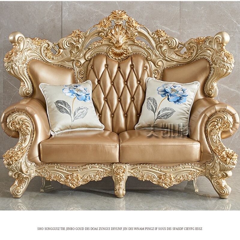 European-style Large-sized Leather Sofa Combination, American Luxury Carved Solid Wood Sofa, High-end Champagne Gold Foil