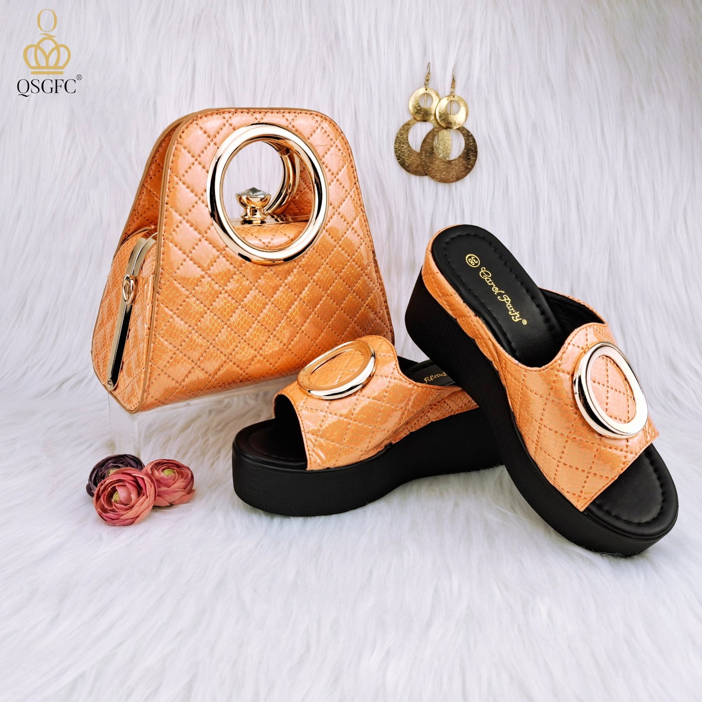 QSGFC New Fashion Simple Gold Flash Matte Surface Ladies Sandals Shoes Bag Set With Waterproof Platform