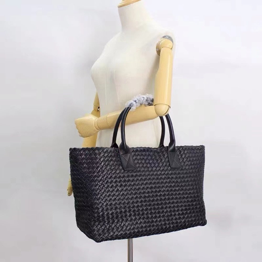 Oversized Women Tote High Quality PU Leather Knitting Shoulder Shopper Bags Luxury Woven Retro Female Large Purse Black 2021 New