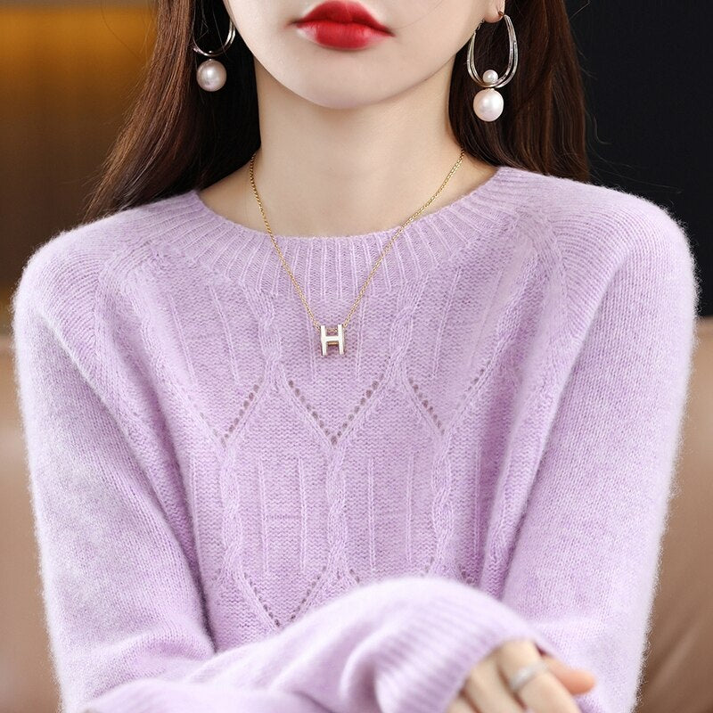 2022 New Knitted Pure Woolen Shirt Round Neck One Line Readymade Garment Hollow Out Loose Slouchy Style Slim Sweater Girl