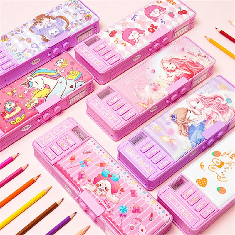 Mechanical deformation combination lock stationery box girl cute pencil case school student pencil box Cartoon plastic pen case