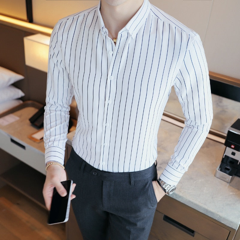 Men&#39;s Shirt Fashion Casual Striped Long Sleeved 3/4 Sleeve Slim Fit Spring Summer Autumn Quality Male Button Down Shirt