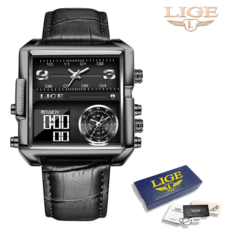 LIGE New Top Brand Luxury Fashion Men Watches Gold Steel Sport Square Digital Analog Big Quartz Watch for Man relogio masculino