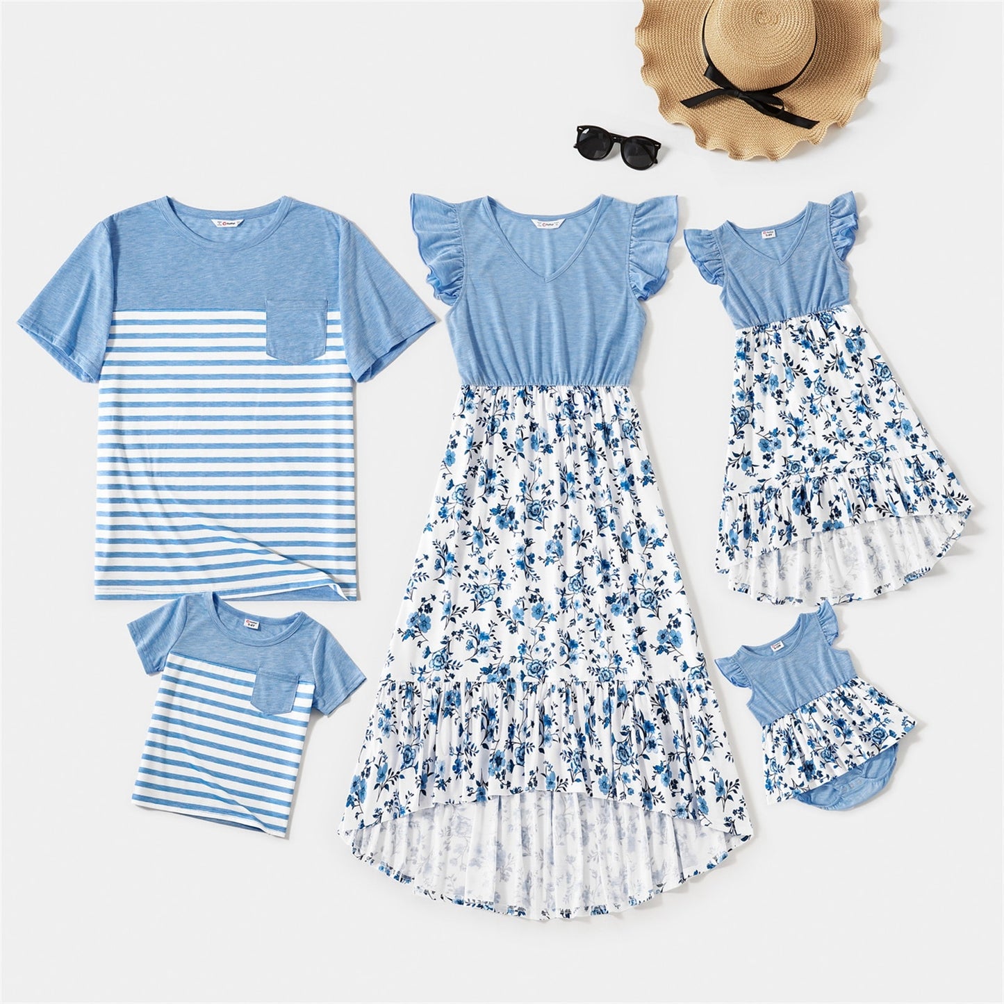 PatPat Family Matching Light Blue V Neck Flutter-sleeve Splicing Floral Print Irregular Hem Dresses and Striped T-shirts Sets