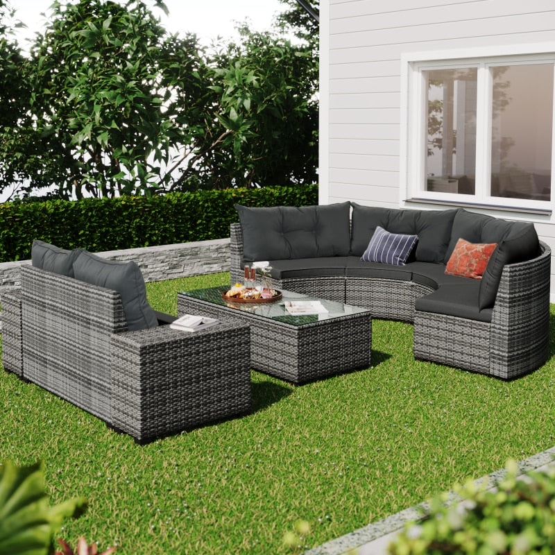 8-pieces Outdoor Wicker Round Sofa Set, Half-Moon Sectional Sets All Weather, Curved Sofa Set With Rectangular Coffee Table