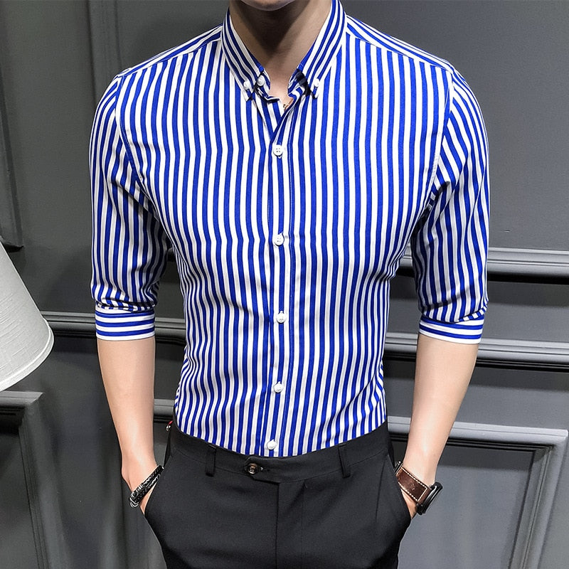 Men&#39;s Shirt Fashion Casual Striped Long Sleeved 3/4 Sleeve Slim Fit Spring Summer Autumn Quality Male Button Down Shirt