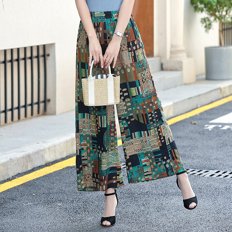 2023 Summer Wide Leg Pants Women Casual Elastic Waist Wide Leg Trousers with Print Ankle-Lengtht High Waist Pants Summer Bottoms