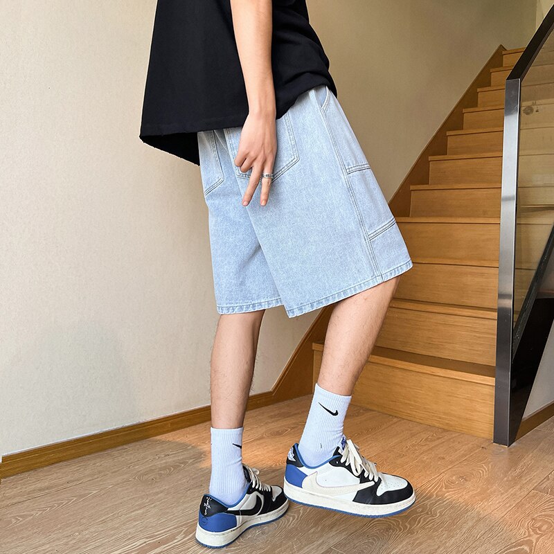 2023 Summer New High Street Casual Versatile Denim Capris Elastic Waist Men&#39;s Korean Style Loose Wide Leg Large Pocket Shorts