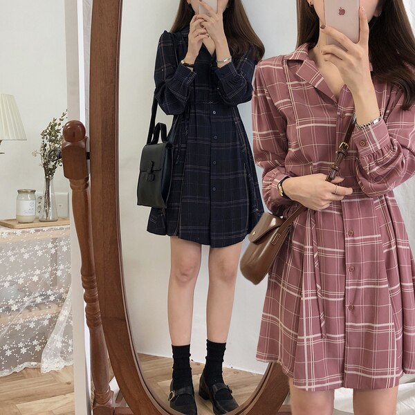 2019 Spring Summer Basic Dresses Hot Women Fashion Long Sleeve Cute Preppy Style Red Plaid Shirt Dress Bow Tie Vintage Dress