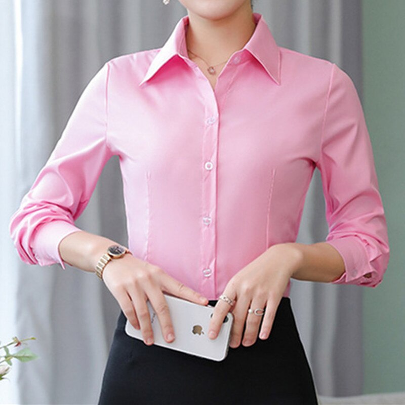 Women Cotton Shirts Woman White Shirt Long Sleeve Blouse Office Lady business Pink Shirts Button Solid Women work Blouses Tops