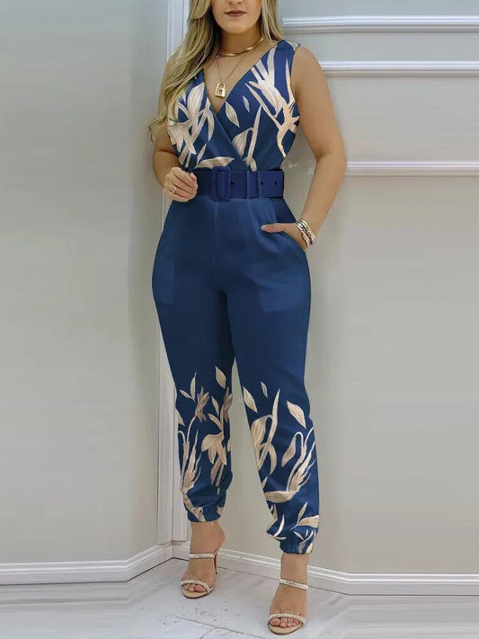 Summer Jumpsuit Women Sexy V Neck Sleeveless Fashion Print Belt Long Pants Rompers For Women Elegant Office Ladies Jumpsuits