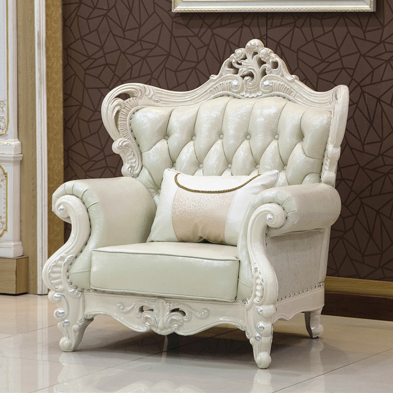 European Style Villa Sofa Small Apartment First Layer Leather 1+2+3 Cowhide Combination Ivory White Living Room Furniture