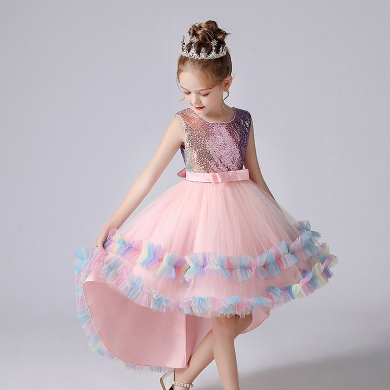 2022 Europe Summer Party Princess Dress Girl Sleeveless Patchwork High Low Girl Dresses Piano Host Birthday Wedding Flower E1803