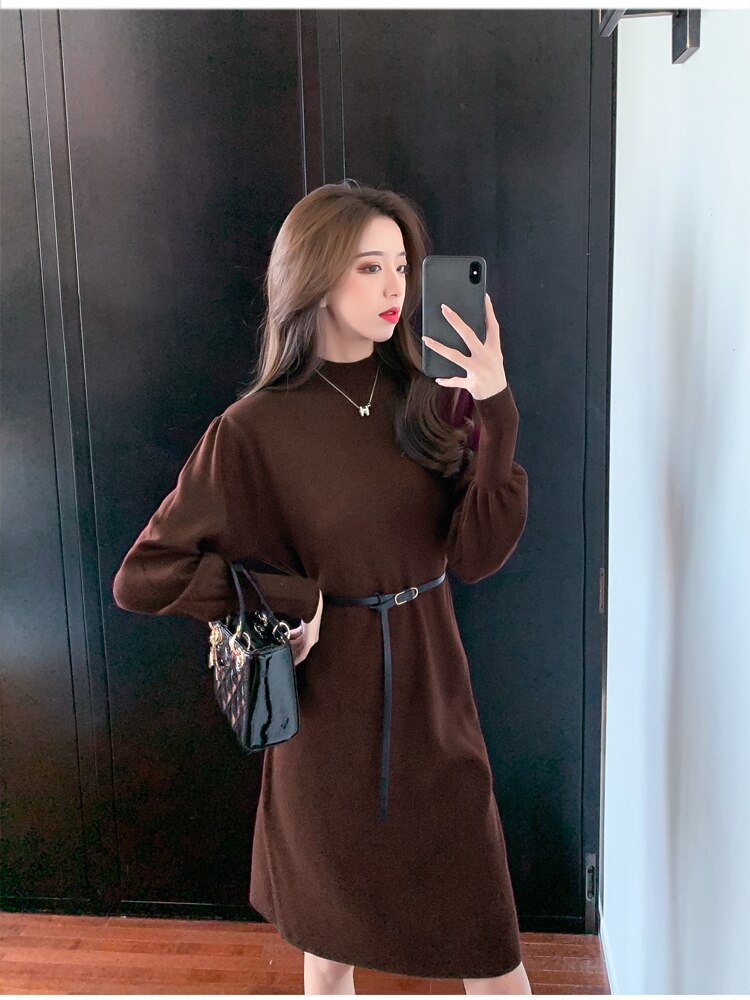 Elegant Women&#39;s Dresses for Party 2022  Autumn Winter Female Clothing Solid Dresses Woman with Belt OL Lantern Sleeve Knit Dress