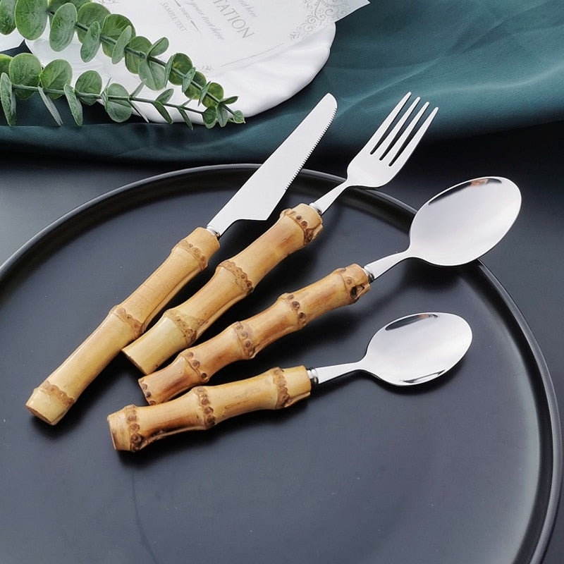 4/16/24/32Pcs Dinnerware Sets Original Nature Bamboo Handle Stainless Steel Cutlery Fork Spoon Home Kitchen Tableware Cutleri