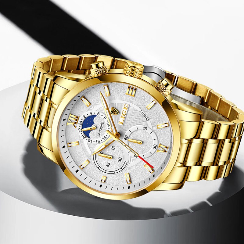 2023 LIGE Business Gold Watch For Men Luxury Original Waterproof Stainless Steel Golden Male Wristwatches Relogio Masculino 2022