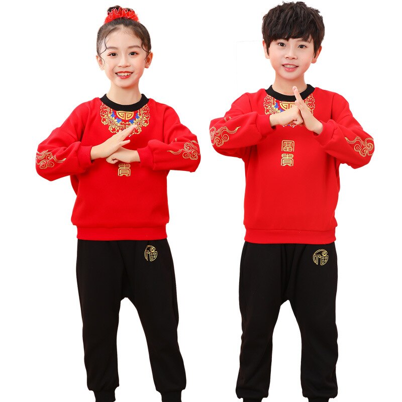 2022 Autumn Winter 2 3 4-14 Years Brother Sisiter Family Outfit Thicken Boy Girl Chinese New Year Red Sweatshirt +Pant 2 Pcs Set