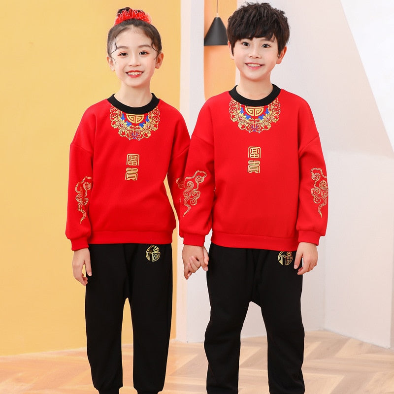 2022 Autumn Winter 2 3 4-14 Years Brother Sisiter Family Outfit Thicken Boy Girl Chinese New Year Red Sweatshirt +Pant 2 Pcs Set