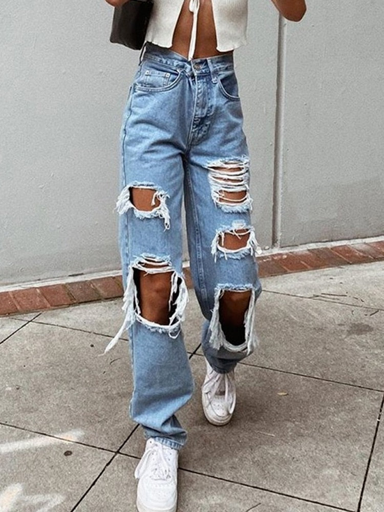 Sexy Boyfriend Ripped Jeans woman Bagge Women Holes Destroyed Broken Pants Vintage Female Denim Trousers Distressed Designer