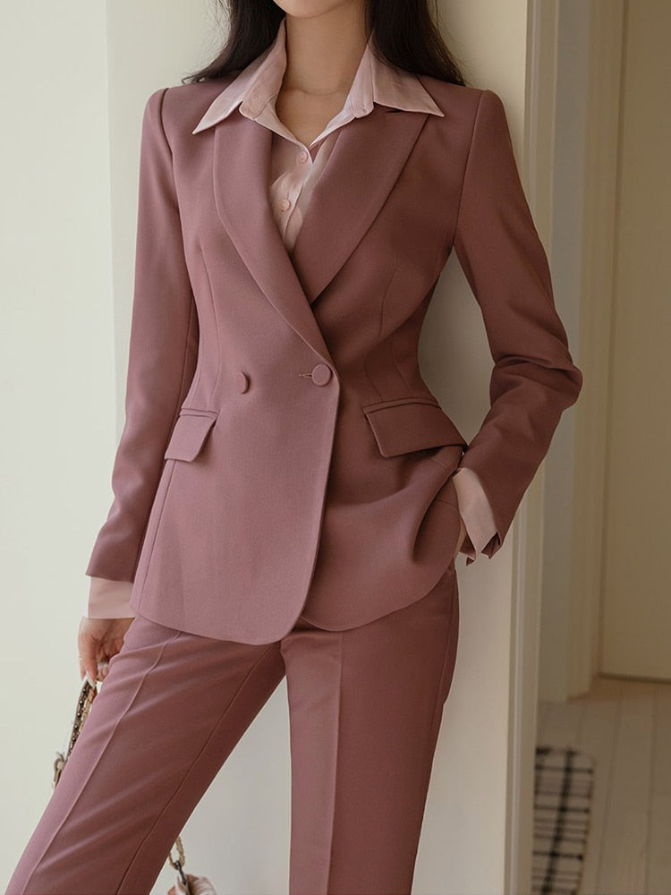 Women Casual Vintage Formal Pantsuit Breasted Blaser Jackets Solid Elegant Pantalons 2 Piece Female Business Trousers Outfits