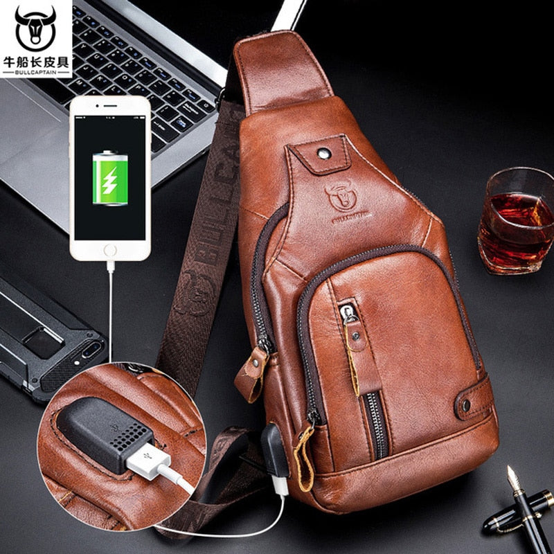 2023 new 100% cowhide Leather Casual Fashion Crossbody Chest Bag men's leather bag USB Charging Travel Shoulder Bag Daypack Male