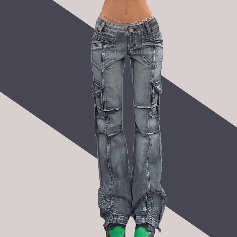 Vintage Jeans woman Low Waisted Pockets Trousers Baggy Casual  women Denim Cargo Pants Women Straight Hot Korean Jeans 90s