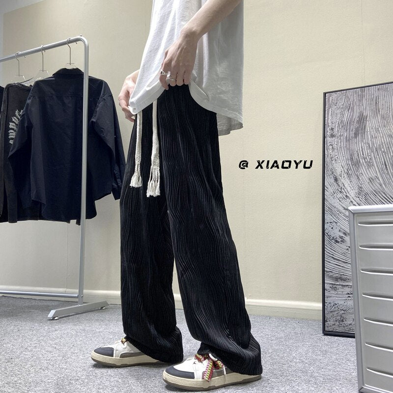 Men&#39;s Fashion Straight Pleated Pants Elastic Waist Casual Pants Men&#39;s Street Loose Ice Silk Wide Leg Pants White Black M-5XL