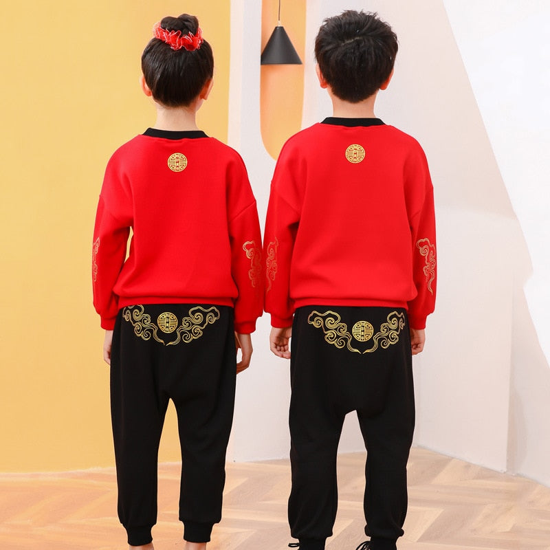 2022 Autumn Winter 2 3 4-14 Years Brother Sisiter Family Outfit Thicken Boy Girl Chinese New Year Red Sweatshirt +Pant 2 Pcs Set