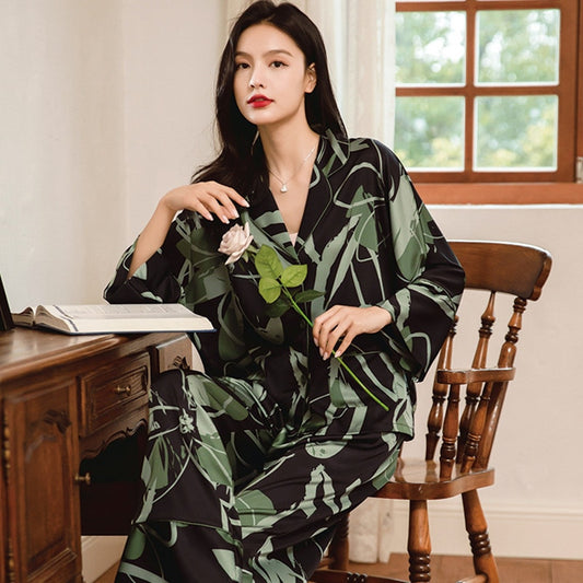 QSROCIO High Quality Women's Pajamas Set Floral Print Silk Like Sleepwear Loose Top Casual Fashion Homewear Nightwear Femme