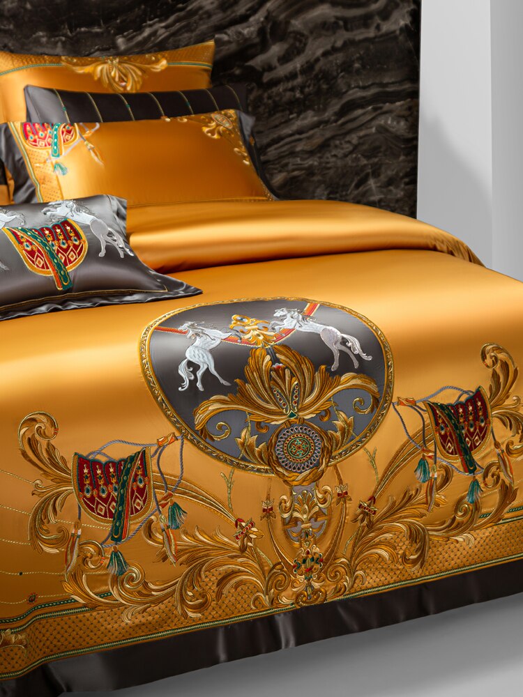 Bedding Set- Golden/Red Luxury Palace Silk Brocade Egyptian Cotton Bedding Set  Chic Embroidered Duvet Cover Bed sheet Bedspread Pillowcases