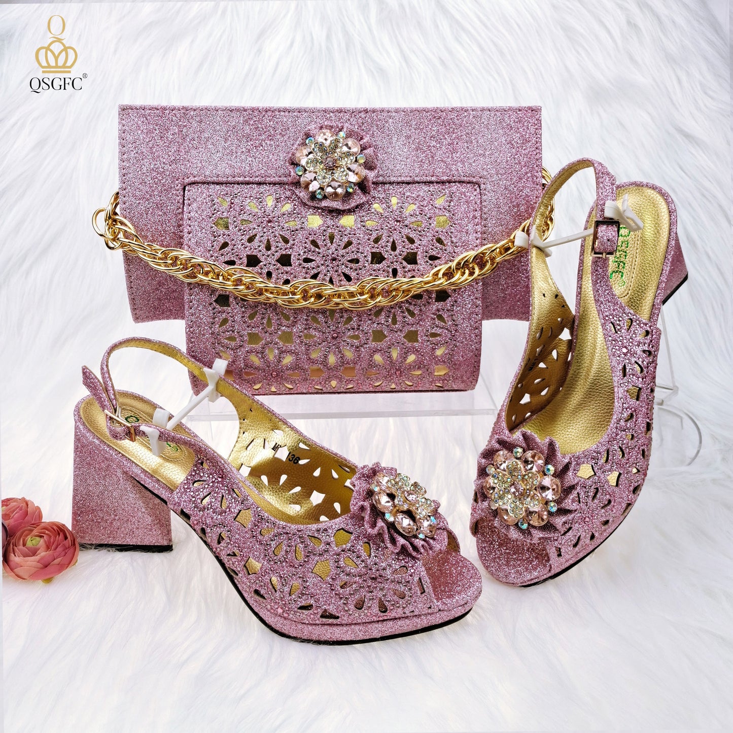 QSGFC Newest Gold Color Cutout Pumps High Heels Decorated with Rhinestone Flower Design Party Women&#39;s Shoes and Bags Set