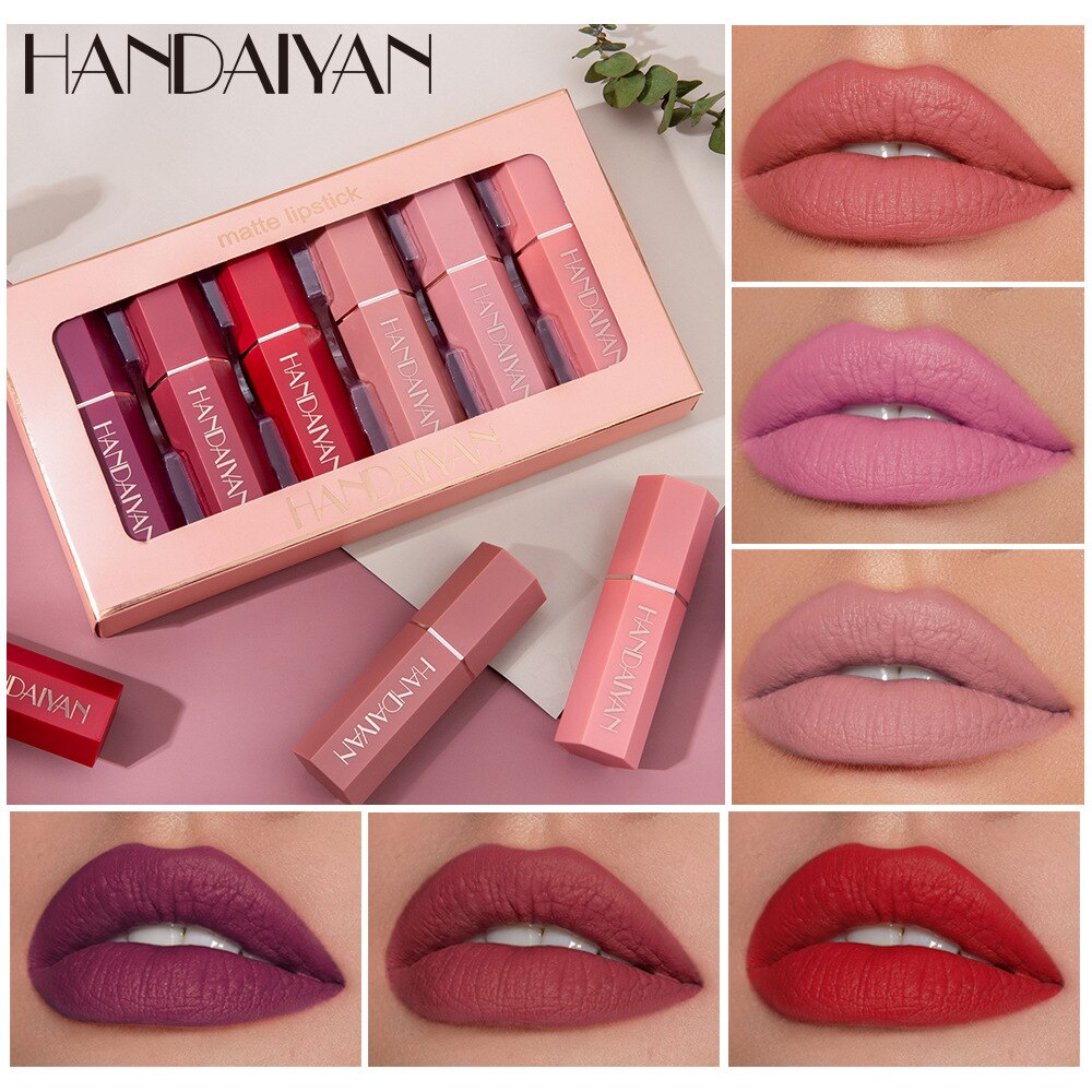 HANDAIYAN 6-piece Matte Matte Red Lipstick Set Wholesale Female Cosmetics Waterproof Lip Gloss Free of Charge Cotonete Lip Tint