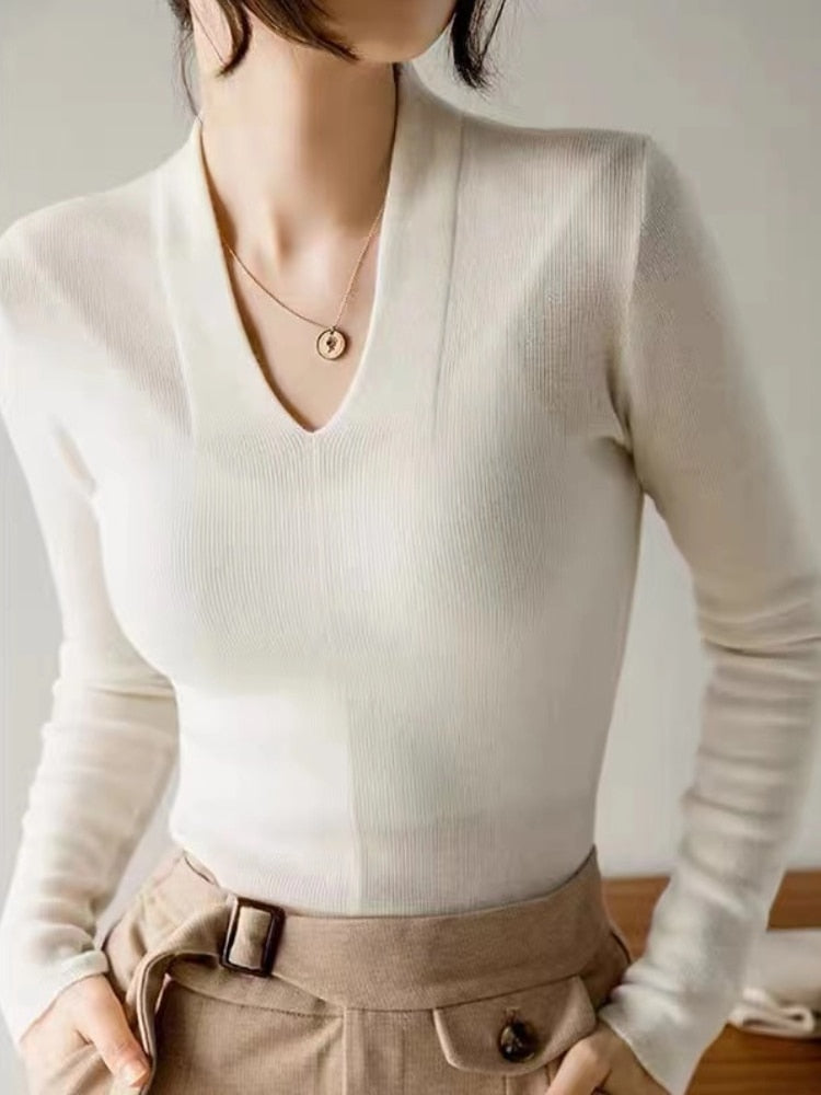 Knitted Sweater Women Long Sleeve Casual Elegant Pullover V Neck Outer Jumper Autumn Winter All Match Basic Tops Female Clothes