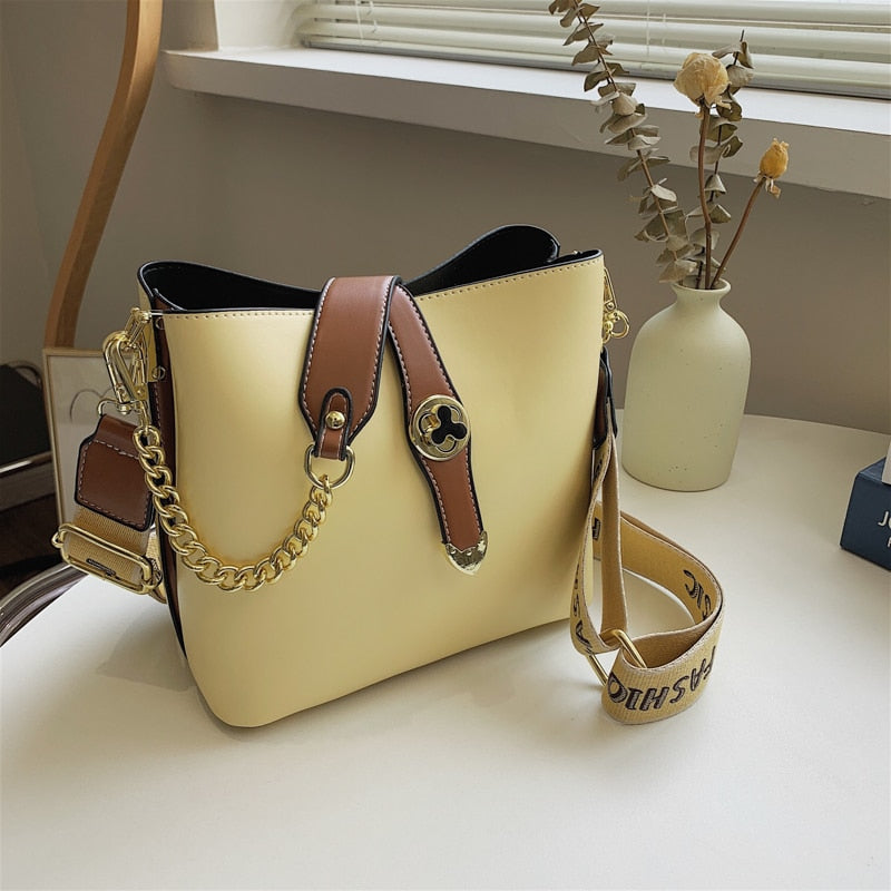 Small Leather Bucket Shoulder Bags for Women 2022 Fashion Chain Tote Messenger Bag Ladies Broadband Crossbody Bag Green Handbags